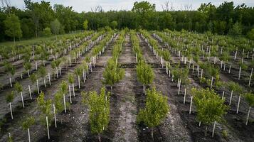 Young Trees Planted in Neat Rows Across a Verdant Landscape. photo