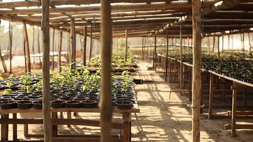 Greenhouse Nursery with Young Plants Growing in Pots Sunlight Streams Through Structure photo