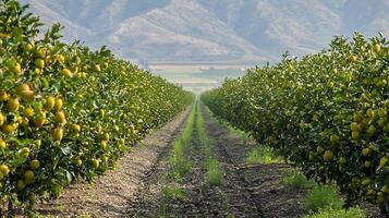 Lush Apple Orchard Rows Leading to Distant Mountains Under Sunny Skies. photo