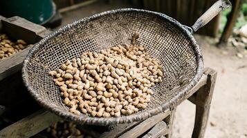 Rustic Harvest Fresh Peanuts in a Woven Basket Await Processing. photo