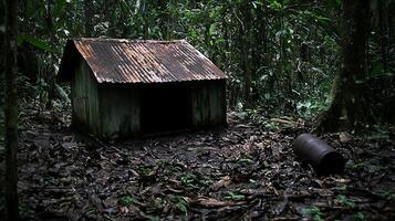 Abandoned Jungle Hut With Overgrown Foliage And Debris. photo