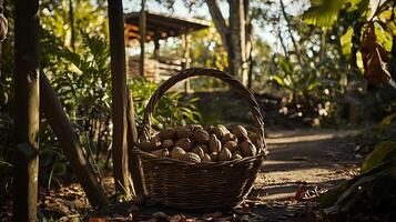 Wicker basket full of nuts in a sunny natural setting. photo
