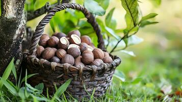 Basket of Freshly Picked Nuts in a Natural Setting. photo