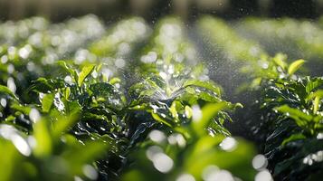 Lush Green Leaves Sparkle Under Gentle Sprinkler Mist. photo