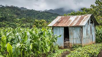 Rural Scene With Banana Plantation And Old Corrugated Hut. photo
