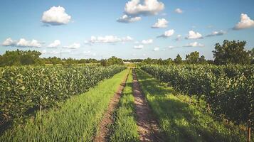 Open Country Road Through Green Orchard Under Cloudy Sky. photo