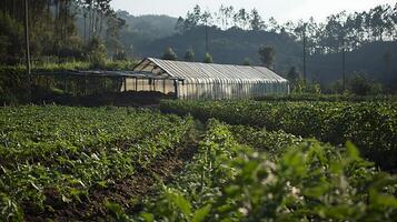 Lush Greenery Surrounds a Greenhouse on a Sunny Day. photo