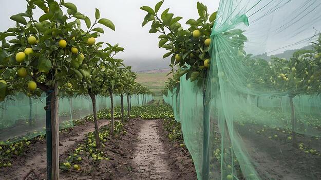Protecting Citrus Grove From Pests With Green Netting. photo