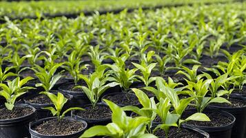 Rows of Young Plants Growing in Black Pots at a Greenhouse. photo