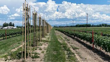 Vineyard with Wooden Trellises Under a Cloudy Summer Sky. photo