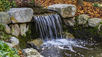 Serene Waterfall and Mossy Rocks in Autumn Garden. photo