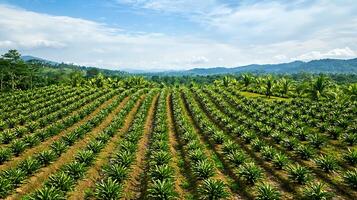 Lush Pineapple Plantation Under a Bright Blue Sky with Wispy Clouds. photo