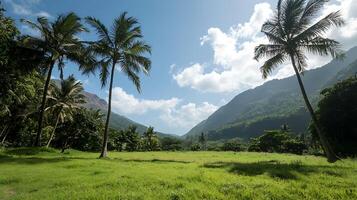 Lush tropical valley with palm trees under a bright blue sky. photo