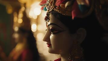 Close up of ornate statue profile with glowing background lights. photo
