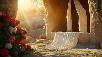 Resurrection Scene with Flowers and Empty Tomb Lit by Sunrise. photo