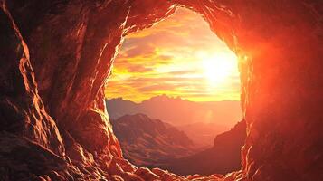 Journey to the Light Through Fiery Mountain Peaks. photo