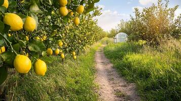 Ripe lemons hang from trees along a path to a greenhouse. photo