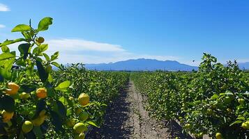 Rows of Fresh Lemons in a Sunny Orchard with Mountains in the Background. photo