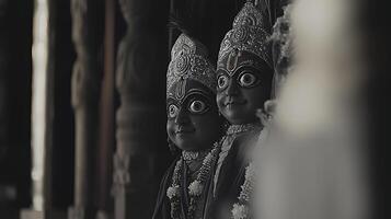 Intricate Temple Sculptures of Divine Figures with Ornate Headwear. photo