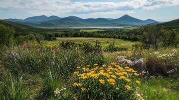 Lush Meadow Overlooking Blue Mountains and Calm Lake. photo