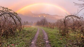 A Rainbow Over a Misty Mountain Landscape in an Autumn Orchard. photo