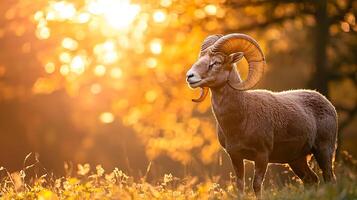 Majestic Ram Stands Proudly in Golden Hour Sunlight. photo