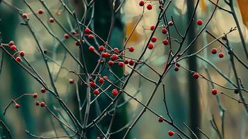 Delicate Red Berries Cling to Bare Autumn Branches in Soft Light. photo