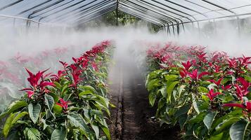 Mist filled greenhouse with rows of vibrant red poinsettias growing. photo