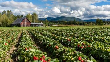 Rural Farm Scene with Rows of Ripe Strawberries and Distant Mountains. photo