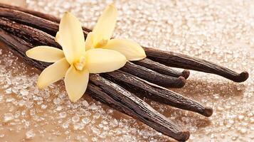 Fragrant Vanilla Pods and Delicate Flower on Sweet Sugar Crystals. photo