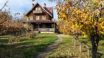 Old Wooden House in Autumn Colors with Leafy Path Leading to Entrance. photo