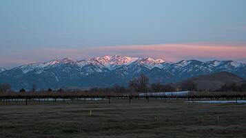 Snow Capped Mountains Glow Pink at Sunrise Over Frosty Fields. photo