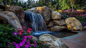 Serene Garden Waterfall with Colorful Flowers and Natural Rocks. photo