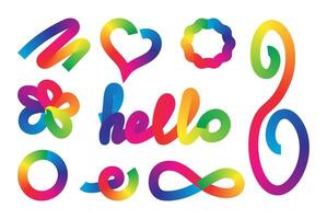 Set of colorful abstract ribbon elements with gradient transitions in rainbow hues.Curved and twisted shapes ideal for festive designs, digital artwork and modern compositions vector