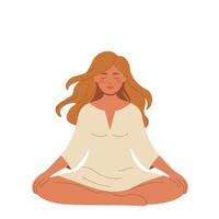 Girl in lotus position on white background, flat style, minimalism, isolate on white, pastel colors vector