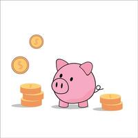 Piggy bank and gold coins on white background, flat style, minimalism, isolate on white vector