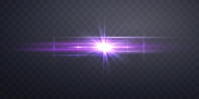 Purple horizontal lensflare. Light flash with rays or violet spotlight and bokeh. Glow flare light effect. illustrati on dark background. vector
