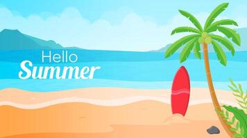 Summer beach background with surfboards and coconut trees. Template for banners, posters, and greeting cards. Beautiful seascape flat design. vector
