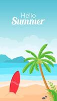 Hello summer greeting card with beach and surfboard background. Beach vacation poster template. vector