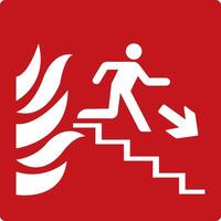 Fire exit down the stairs. Red sign. Designations of the location of the emergency evacuation exit. Quick and safe exit from a building or facility in case of fire, smoke. Direction to a safe zone. vector