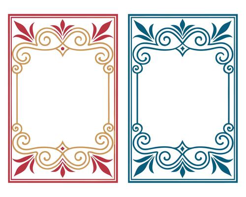 Elegant decorative frame designs with floral patterns in two color variations for invitations and artwork.