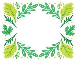 Decorative frame composed of stylized green and yellow leaves bordering a white background vector