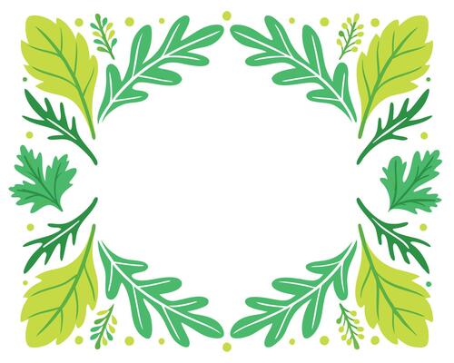 Decorative frame composed of stylized green and yellow leaves bordering a white background