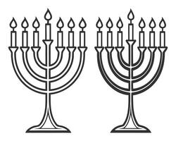 Two black and white illustrations of menorahs with lit candles for hanukkah celebrations vector
