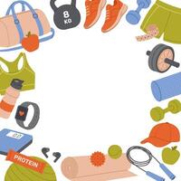 Fitness and health banner with square frame made of sports equipment. Healthy lifestyle elements. Template for postcard, poster, flyer, social media. Flat illustration on white vector