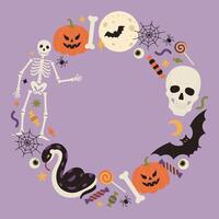 Happy Halloween round frame on purple background with pumpkins, skeleton, moon, bat, skull, snake, web, spiders, bones and candies. Holiday banner, poster, greeting card. Flat illustration vector