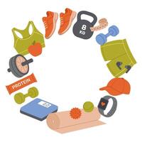 Fitness and health banner with round frame made of sports equipment. Healthy lifestyle elements. Template for postcard, poster, flyer, social media. Flat illustration on white background vector