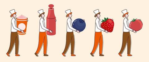 Cartoon Color Tiny Characters Girl Holding Food Products Concept. vector