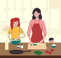 Cartoon Color Characters Woman with Children Cooks in Kitchen. vector