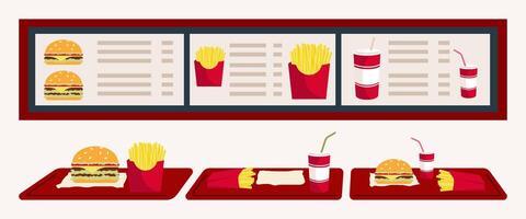 Cartoon Color Menu and Different Types Fast Food Set. vector